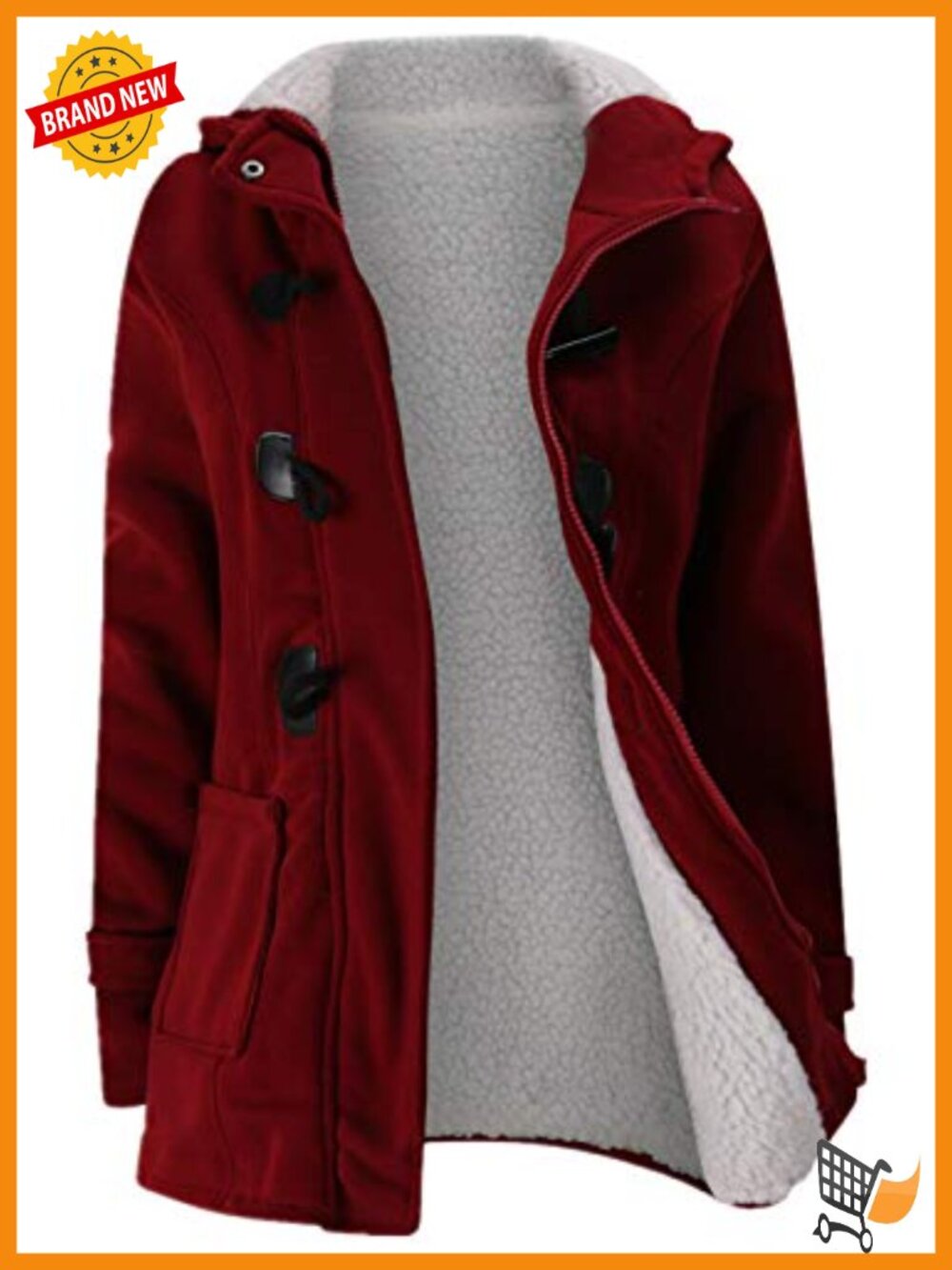 Women's Fleece Hooded Winter Coat with Horn Buttons - Warm Jacket